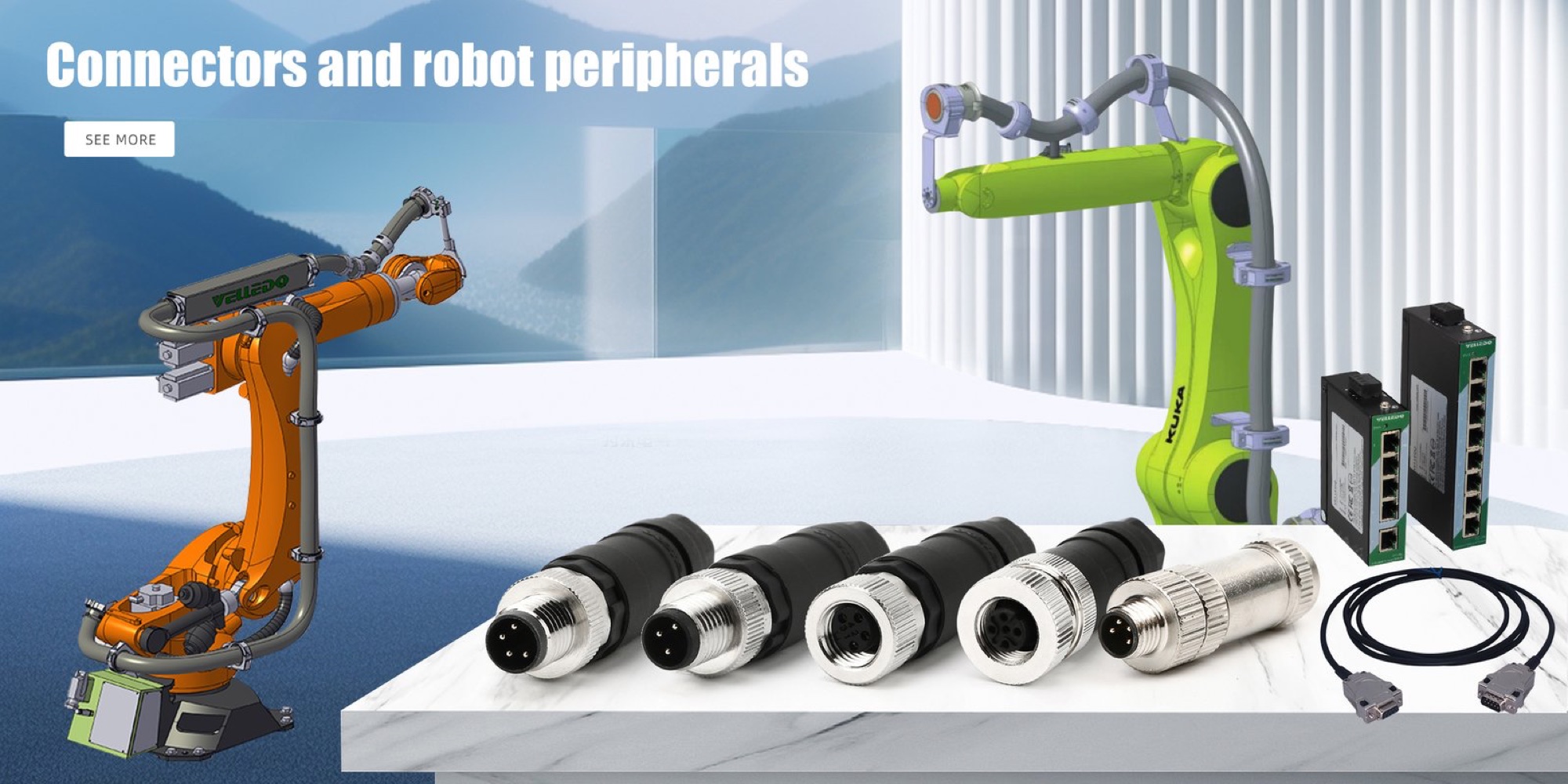Industrial connectors and robot peripherals shown in an automation setting
