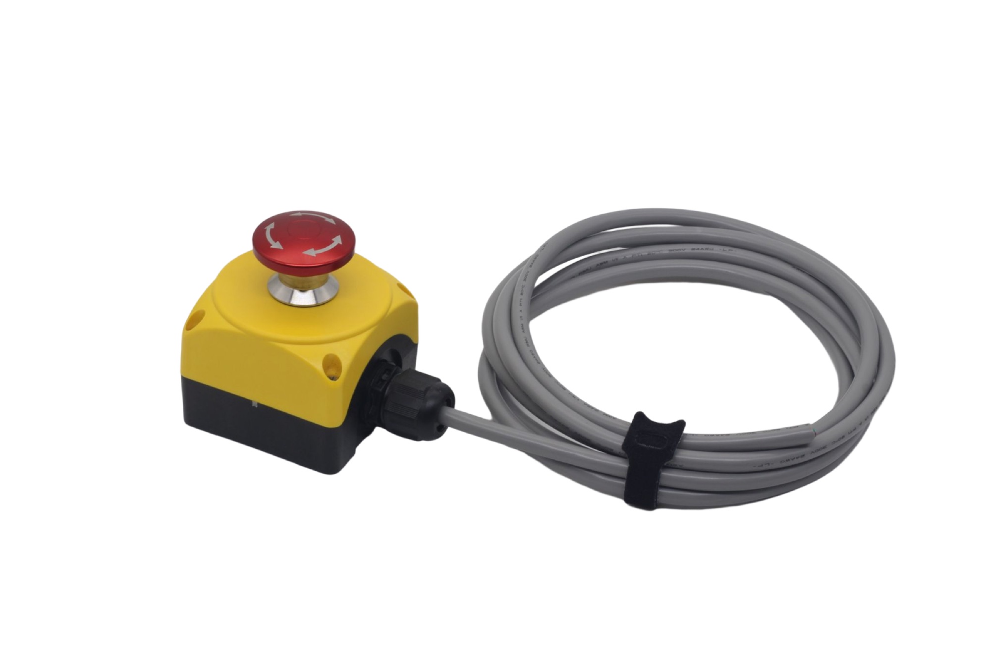 Industrial emergency stop assembly with cable on a deep graphite background