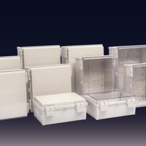 Industrial junction boxes and enclosures on a dark technical background