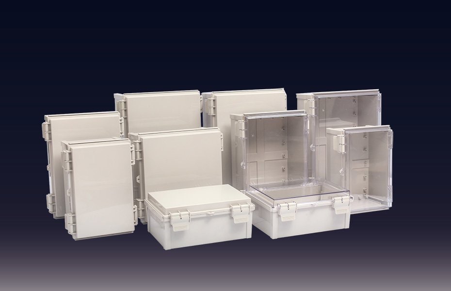 Industrial junction boxes and enclosures on a dark technical background