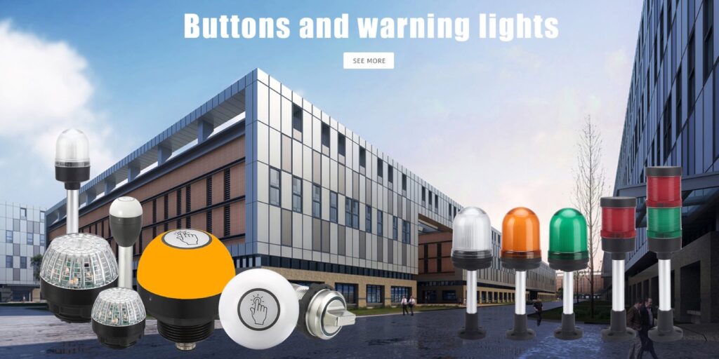 Industrial pushbuttons, switches and warning lights in an equipment setting